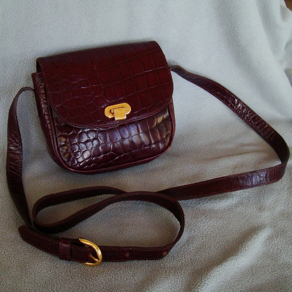 Brown leather alligator cross body messenger bag